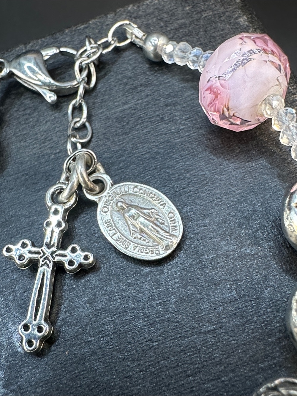 Faith Inspired Silver Rose Bead Bracelet Miraculous Medal Cross Charm Lampwork - Picture 6 of 7